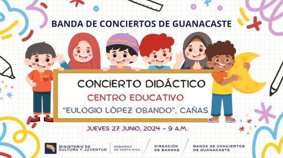 Concierto Didáctico "Eulogio López Obando" | Banda de Conciertos de Heredia Dibujos de niños y niñas sosteniendouna pizarra con el anuncio