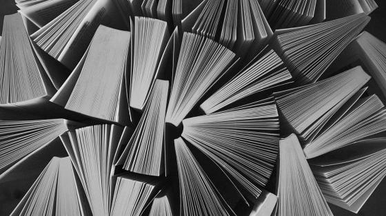 Charla “Mis 200 años de la anexión” En tonos grises varios libros juntos entreabiertos vistos desde arriba