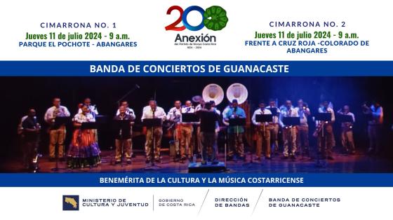Conciertos "200 Años de Anexión" Cimarronas I y II | Banda de Conciertos de Guanacaste Foto de la Banda de Guanacaste en el Teatro Nacional con un fondo azul