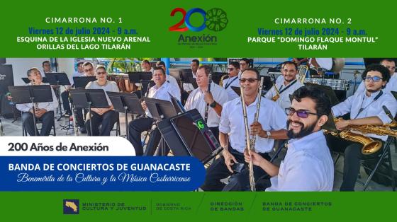 Conciertos "200 Años de Anexión" Cimarronas en Tilarán | Banda de Conciertos de Guanacaste Músicos sentados con sus instrumentos y sonriendo a la cámara