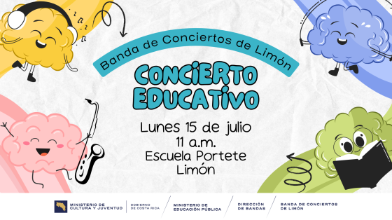 Concierto Didáctico - Escuela "Portete" | Banda de Conciertos de Limón Nubecitas de colores sobre fondo blanco tocando instrumentos y aprendiendo