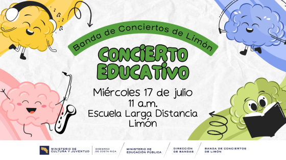 Concierto Didáctico - Escuela "Larga Distancia" | Banda de Conciertos de Limón Nubecitas de colores sobre fondo blanco tocando instrumentos y aprendiendo
