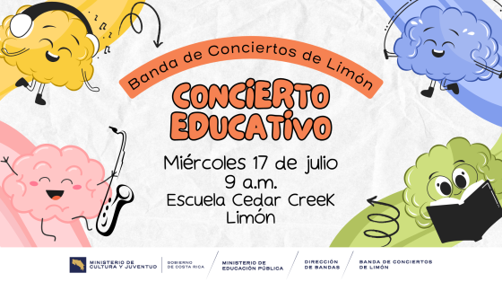 Concierto Didáctico - Escuela "Cedar Creek" | Banda de Conciertos de Limón Nubecitas de colores sobre fondo blanco tocando instrumentos y aprendiendo