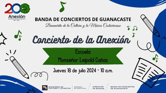 Concierto Didáctico ¡Viva la Anexión! | Banda de Conciertos de Guanacaste Dibujos de lápices y cuadernos con notas musicales anunciando el concierto