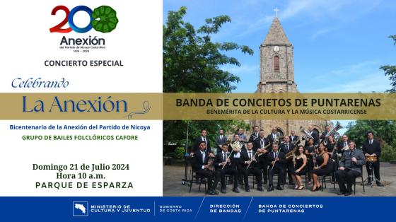 Concierto "Celebrando la Anexión" Esparza | Banda de Conciertos de Puntarenas Músicos con la catedral de Puntarenas de fondo