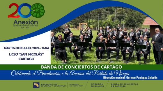 Concierto Especial "Bicentenario de la Anexión" | Banda de Conciertos de Cartago Foto de la Banda de Conciertos de Cartago con fondo de naturaleza y logotipo del bicentenario