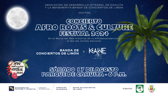 Concierto Especial "Día de la Persona Negra y la Cultura Afrodescendiente" | Banda de Conciertos de Limón Fondo de cielo azul oscuro con una luna llena y una palmera limonense