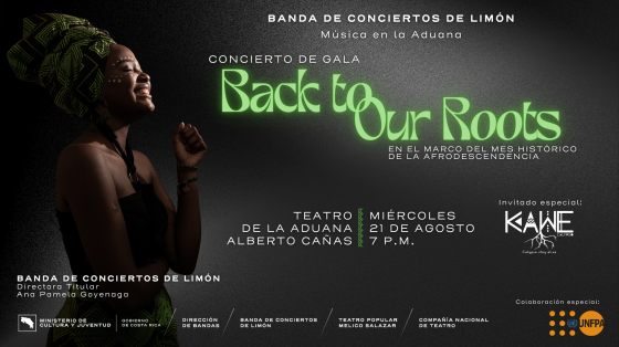 Concierto de Gala "Back to our Roots" | Banda de Conciertos de Limón Foto de mujer afrodescendiente sonriendo con el título del concierto de fondo