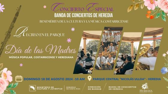 oncierto Recreo en el Parque "Día de las Madres" | Banda de Conciertos de Heredia Collage de fotos con ramos de flores anunciando el concierto
