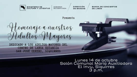 Foto de un vinilo con el título del concierto en homenaje a las personas adultas mayores