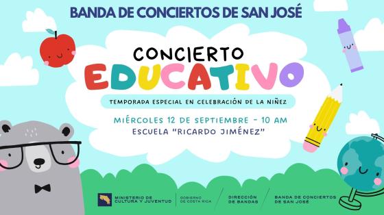 Concierto Educativo "Día del Niño y la Niña" | Banda de Conciertos de San José Osito con lentes rodeado de útiles y notas musicales