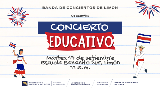 Concierto Educativo "Escuela Bananito Sur" | Banda de Conciertos de Limón Fondo blanco con elementos alusivos a los símbolos patrios