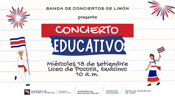 Concierto Educativo "Liceo de Pocora" | Banda de Conciertos de Limón Hombre y mujer sosteniendo banderas costarricenses sobre fondo blanco