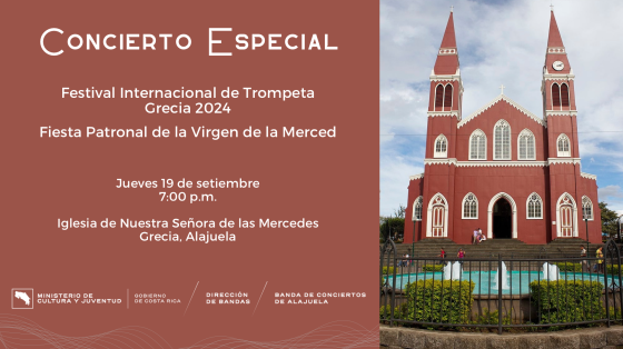 Concierto Especial en el Festival de Trompeta | Banda de Conciertos de Alajuela Foto de la iglesia de Grecia donde tocará la banda de conciertos de Alajuela