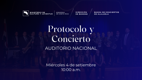 Protocolo y Concierto | Banda de Conciertos de Alajuela Anuncio de protocolo y concierto sobre fondo azul
