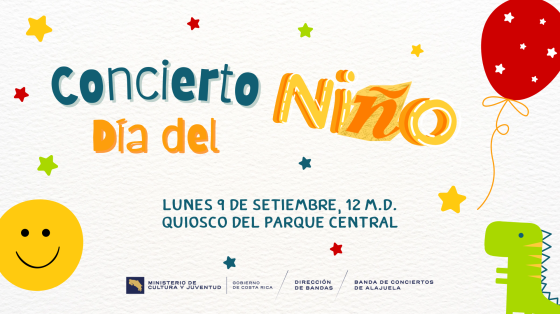 Concierto al Mediodía "Celebrando a la Niñez" | Banda de Conciertos de Alajuela Dinosauro sosteniendo un globo con el anuncio del Cocierto dedicado a las Niñas y Niños