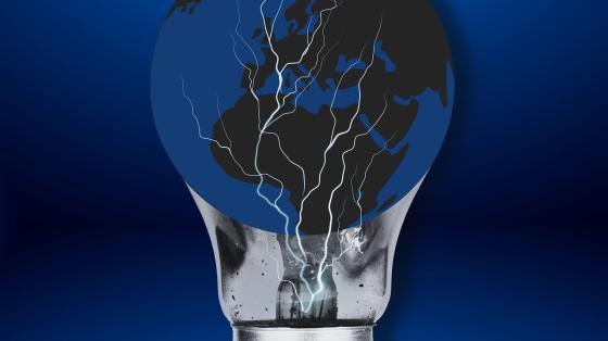 Un Apagón por el Ambiente Un bombillo y dentro una imagen del planeta Tierra en tonos azules y negros