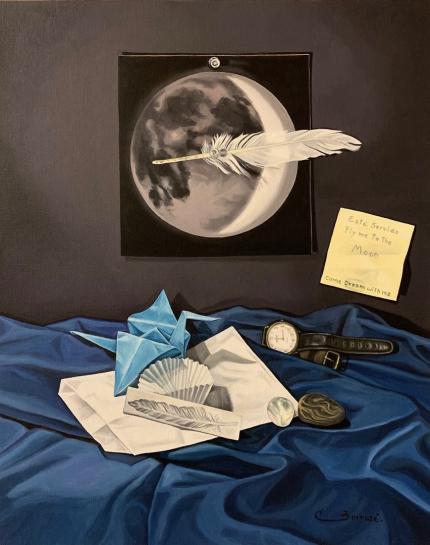 Carmen Borrasé. “Fly me to the Moon. Come Dream with me”. De la serie “Está Servido”. Óleo sobre tela. Colección de la artista, 2020. 