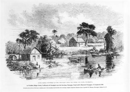 Fotografía: Autor: Harper's Weekly (medio extranjero). Título: La Trinidad. [Hipp's Point]. Confluencia del Sarapiquí con el río San Juan, Nicaragua. Lámina No. 27. Técnica: grabado. Impreso en 1856.