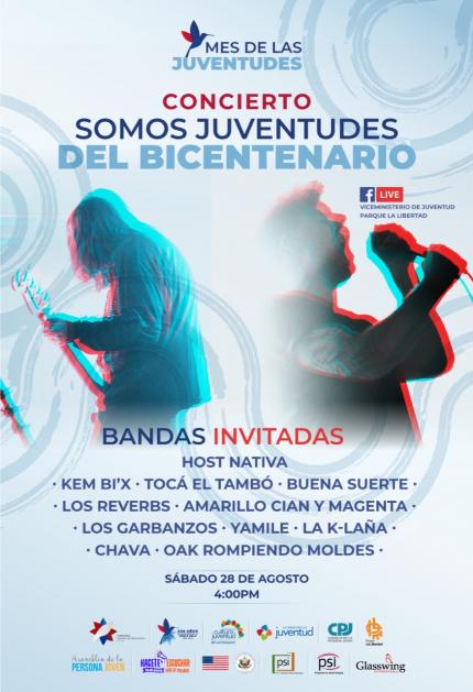Concierto Juventudes del Bicentenario Afiche con el nombre de las Bandas que son parte del Concierto Somos Juventudes del Bicentenario