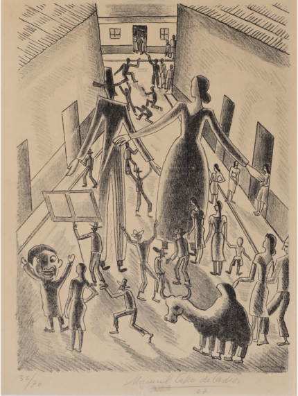 / 1. Manuel Cano de Castro, Mascarada. Lámina 6, Grabado. Litografía artística, 31.2 x 23.4 cm, taco 28.8 x 21.3 cm, 1945 litografía, firmado 1947 / 1. Manuel Cano de Castro, Mascarada. Lámina 6, Grabado. Litografía artística, 31.2 x 23.4 cm, taco 28.8 x 21.3 cm, 1945 litografía, firmado 1947