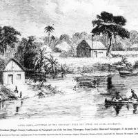 Fotografía: Autor: Harper's Weekly (medio extranjero). Título: La Trinidad. [Hipp's Point]. Confluencia del Sarapiquí con el río San Juan, Nicaragua. Lámina No. 27. Técnica: grabado. Impreso en 1856.
