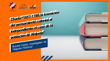 Libros apilados ocn la leyenda: La transición del pensamiento colonial al independiente" sobre fondo naranja y verde.