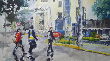 Domingo de lluvia, acrílico de Osvaldo Sequeira.