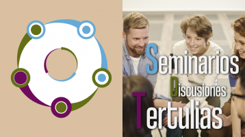 Tres jóvenes en la parte derecha de la imagen conversado y a la izquierda el banner: Seminarios, tertulias