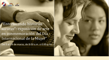 A la derecha, la fotografía de dos mujeres y a la izquierda, el banner: "Entrelazando historias sororas"