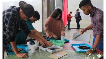 Cuatro personas haciendo compostaje con material que tienen sobre una mesa
