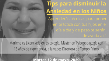 Fotografía de Marlene Garita en fondo gris, con el texto: Conversatorio de Marlene Garita: tips para disminuir la ansiedad en los niños