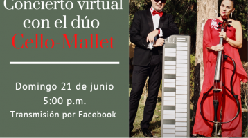 Un hombre de traje negro y una mujer de traje rojo, junto a un micrófono y las teclas de un piano