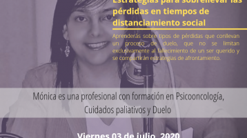Fotografía de una mujer joven sonriente y con letra amarilla el texto: Estrategias para sobrellevar las pérdidas en tiempos de distanciamiento social