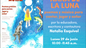 Niña con traje amarillo jugando con la luna y rodeada de tres animales, sobre un fondo azul
