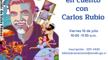 Caricatura de Carlos Rubio rodeado de imágenes infantiles fantásticas