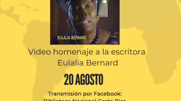 Fotogrfía de la escritora Eulalia Bernard sobre un fondo amarillo e información sobre el evento