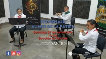 3 músicos tocando con vestimenta patriótica