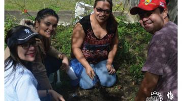 Cuatro profesores sentados en un área verde durante un taller de Educación para el Desarrollo Sostenible