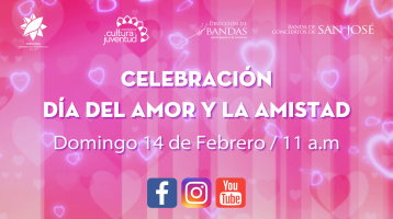Título del evento en color rosa con fondo de corazones