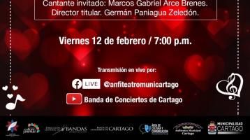 letras blancas anunciando el evento con fondo rojo y rosa de corazones