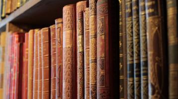 Estantería de libros antiguos de diversos tamaños.
