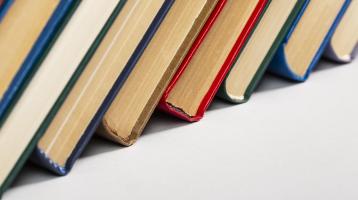 Fondo blanco. Libros organizados diagonalmente ascendente de izquierda a derecha. 