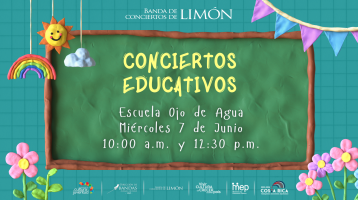 Pizarra verde con letras infantiles anunciando el concierto
