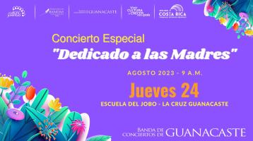 Flores de colores con un fondo morado claro y letras que anuncian el concierto