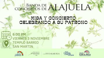 fondo de hojas verdes y blanco con letras negras anunciando el concierto