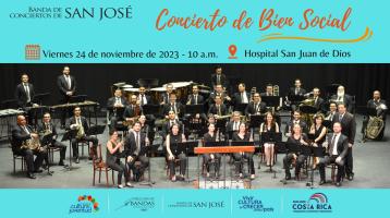 Foto de la Banda de Conciertos de San José en un escenario vestidos muy elegantes