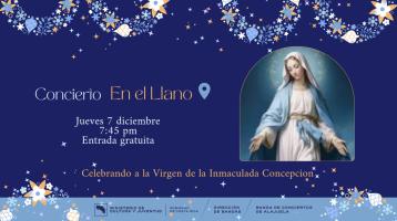Imagen de la Virgen María en fondo azul con adornos navideños