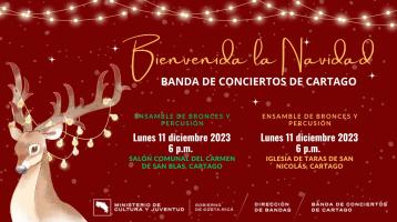 Reno de perfil con guirnaldas de luces y fondo rojo anunciando el concierto navideño