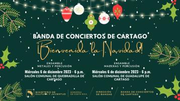 Fondo verde con guirnalda de luces y adornos navideños anunciando el concierto